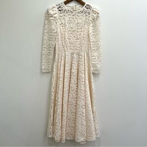 Vintage Cachet by Bari Protas Ivory Lace Midi Dress Wedding Romantic Long Sleeve